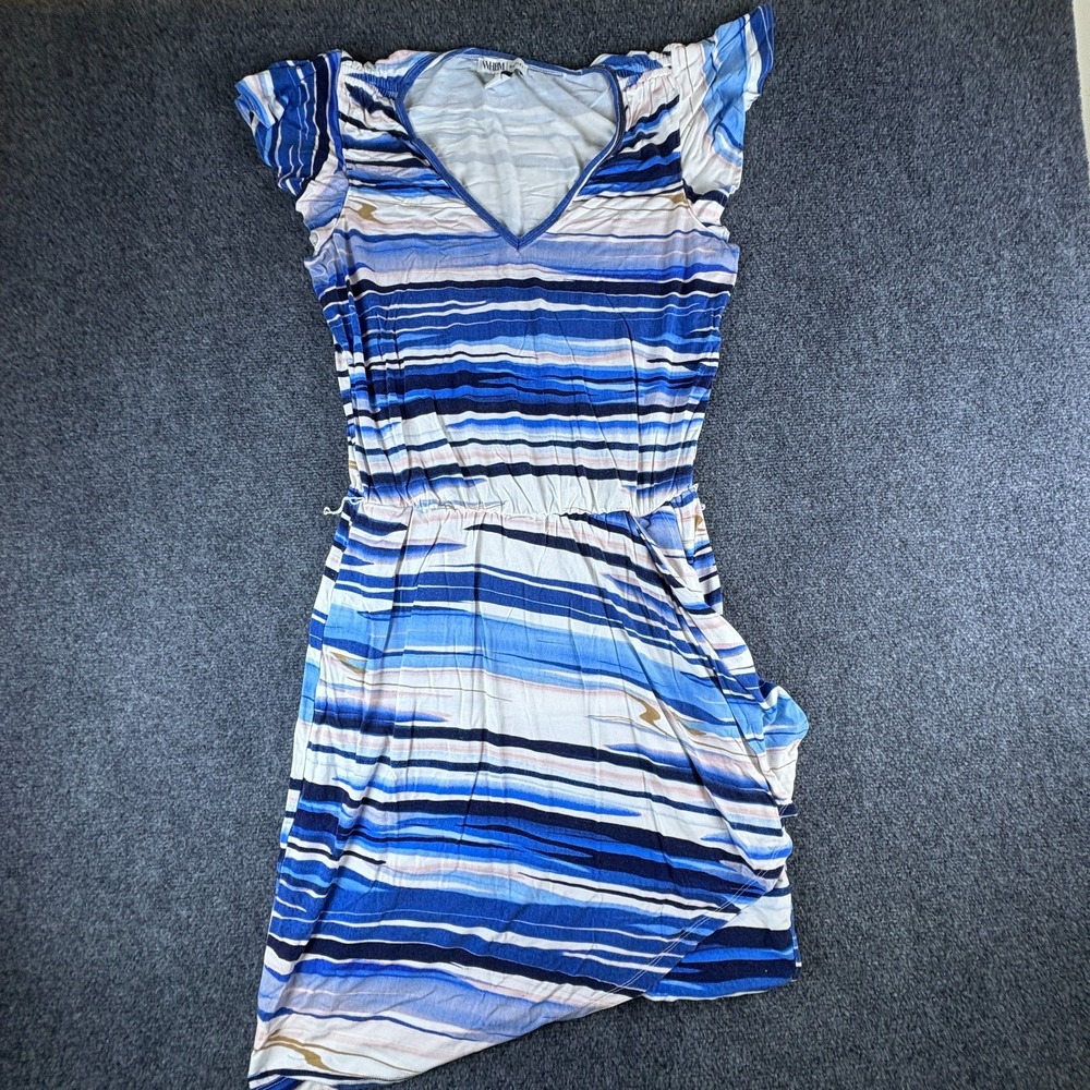 White House Black Market Outlet Wrap Dress Womens L‎ White Blue Abstract Stripe